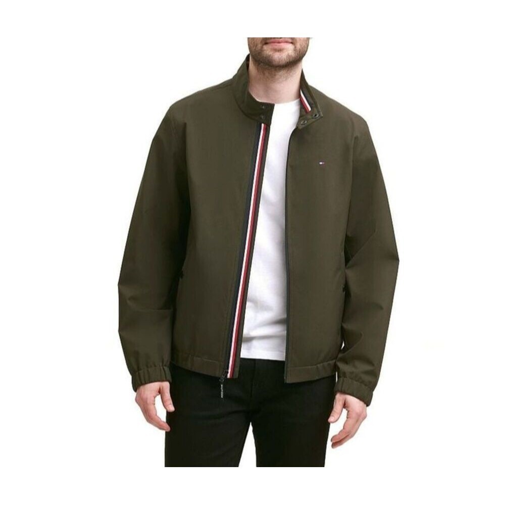 TOMMY HILFIGER Jacket Mens Large Green Zip Lightweight Stand Collar Logo $175